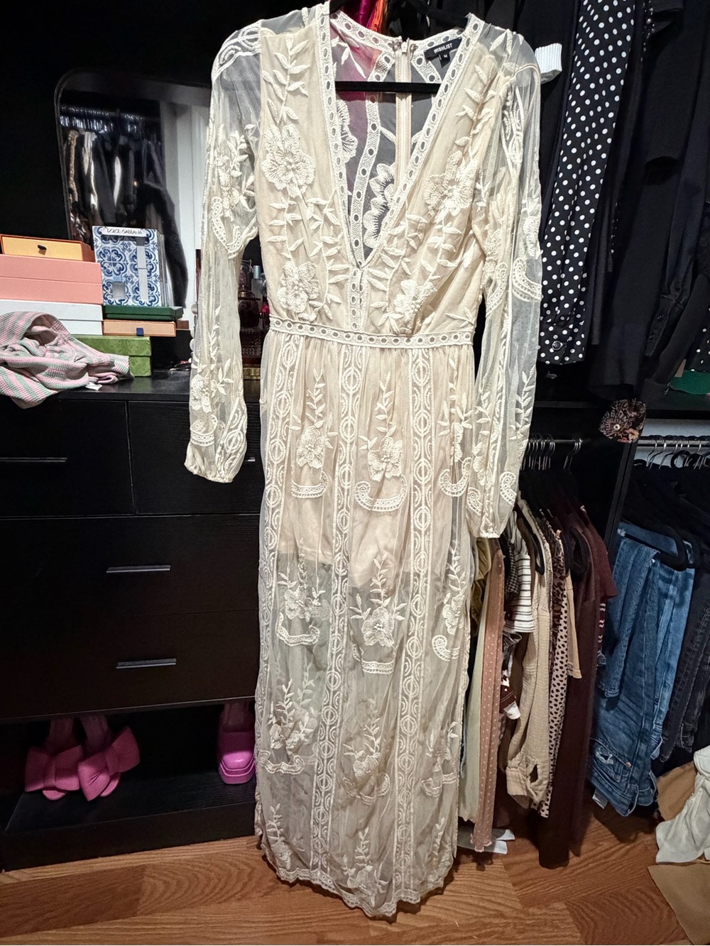 Ivory Lace Long Sleeve Maxi Dress - Elegant Floral Embroidery